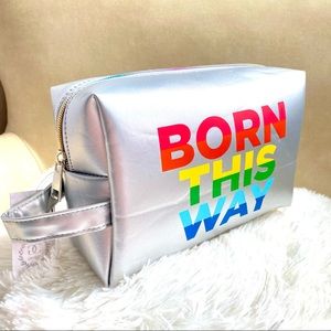 BORN THIS WAY Large Cosmetic Travel Bag Metallic Silver Multicolor